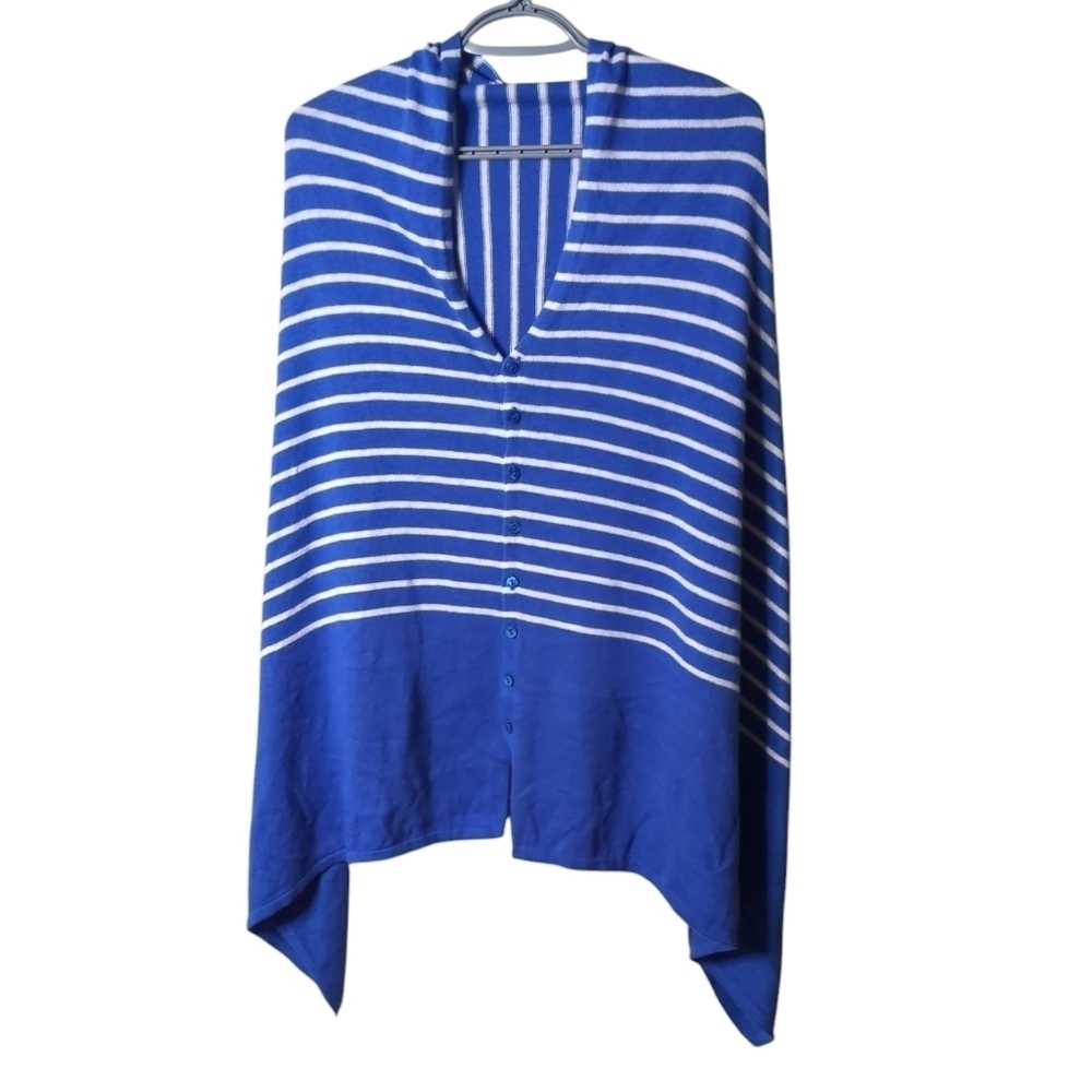 Hannah Rose Cotton Cashmere Blend Blue Striped Poncho Shawl Topper OS